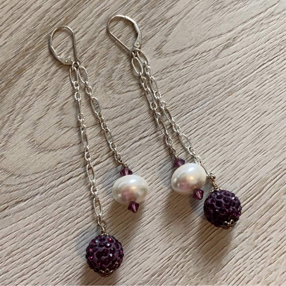 💜Vintage Pearl Sparkly Purple Bead Silver Drop Earrings